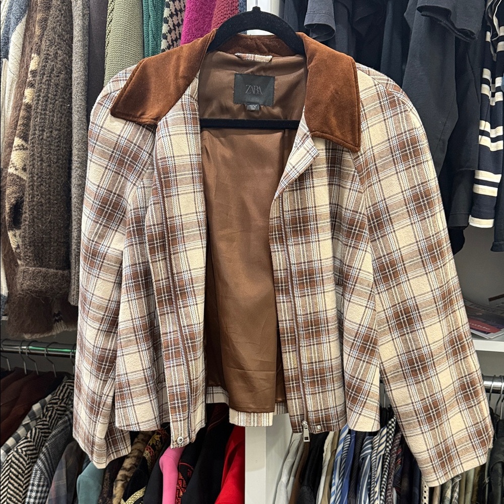 Zara Women's Tan and Brown Plaid Blazer